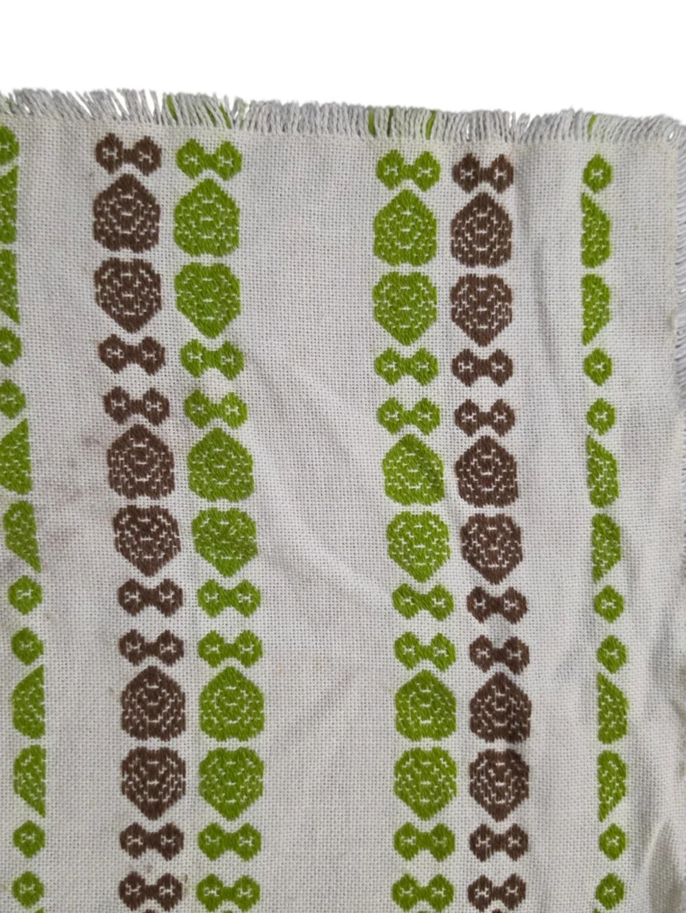 Vintage Mid Century handwoven green brown cotton table runner 36